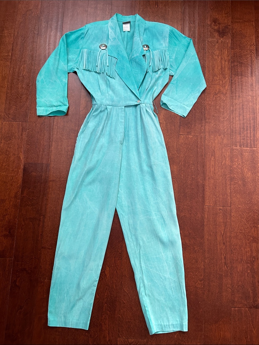 Vintage 80s Rabbit Rabbit Rabbit Turquoise Jumpsuit with Fringe & Conchos, Small
